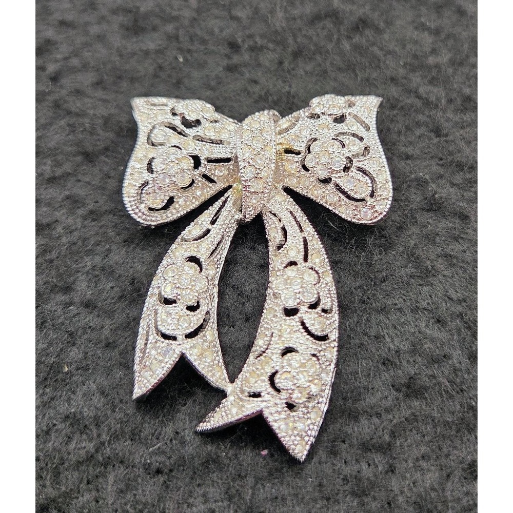 Vintage Filigree Bow Brooch Silver Tone Pave Crystal Ribbon Pin Unmarked